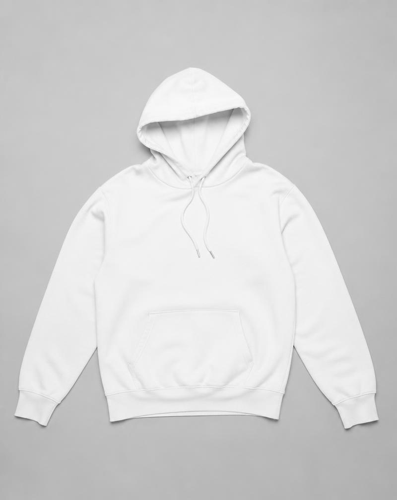 Raw studio flatlay of a white hoodie on a grey background